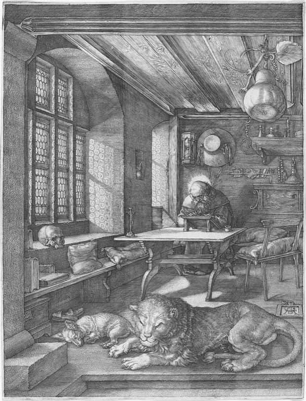 Saint Jerome works at his desk in a sunlit study, a lion dozing in the foreground.