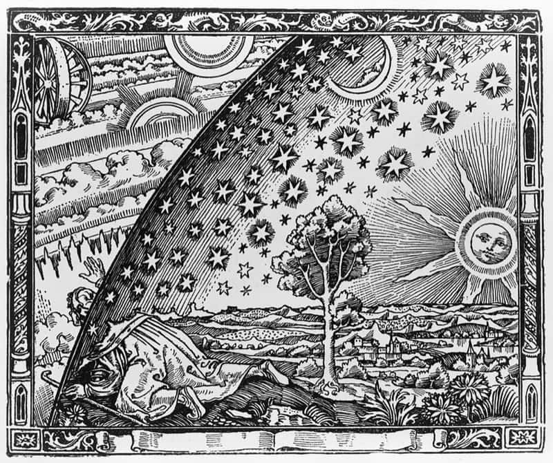 A traveller kneels at the edge of the earth and puts his head through the sphere of the fixed stars, revealing the machinery of the heavens beyond.