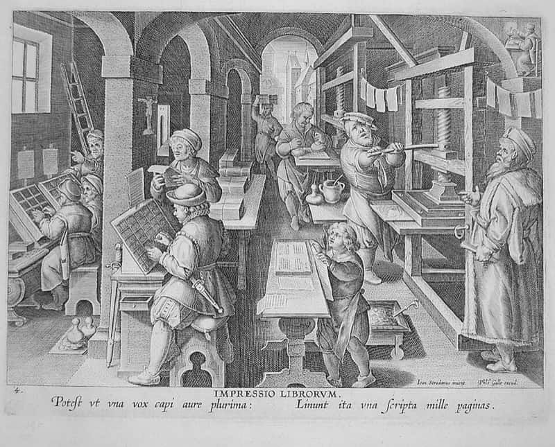 A sixteenth-century printing workshop: compositors set type, pressmen pull proofs, and an apprentice carries fresh sheets.