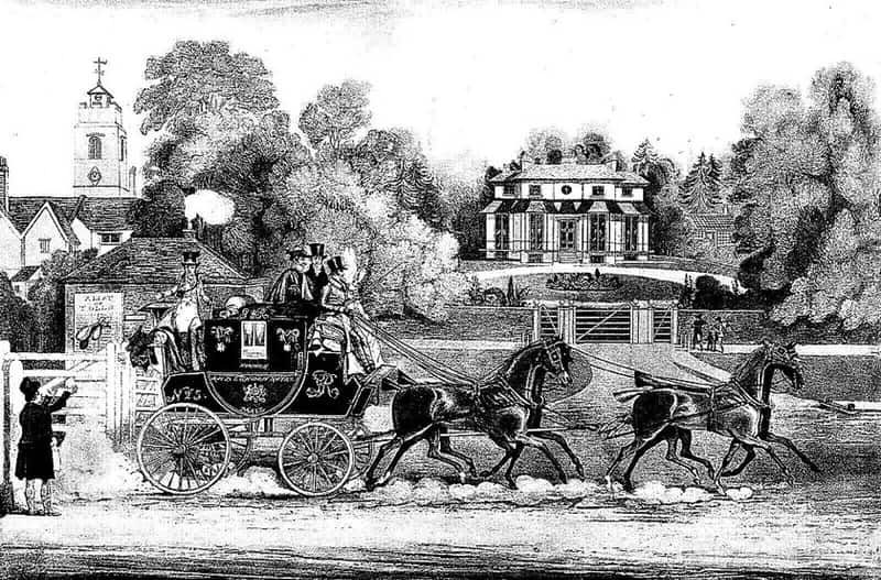 The Norwich and London Royal Mail coach at full gallop behind four horses, guard and passengers aboard.